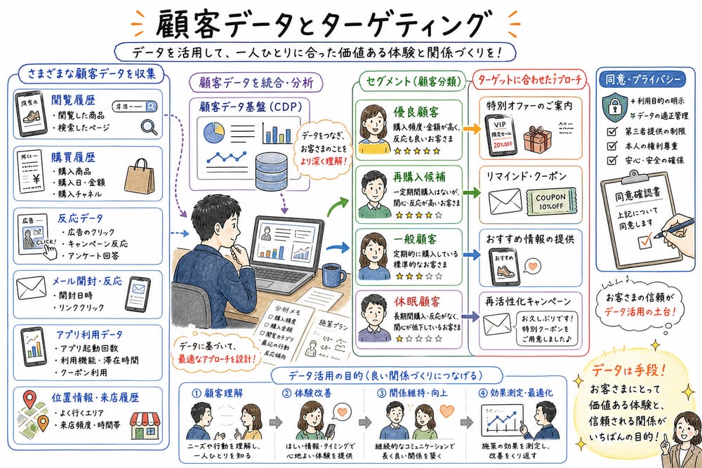 閲覧履歴、購買履歴、反応データを顧客理解と体験改善につなげるターゲティングの図解