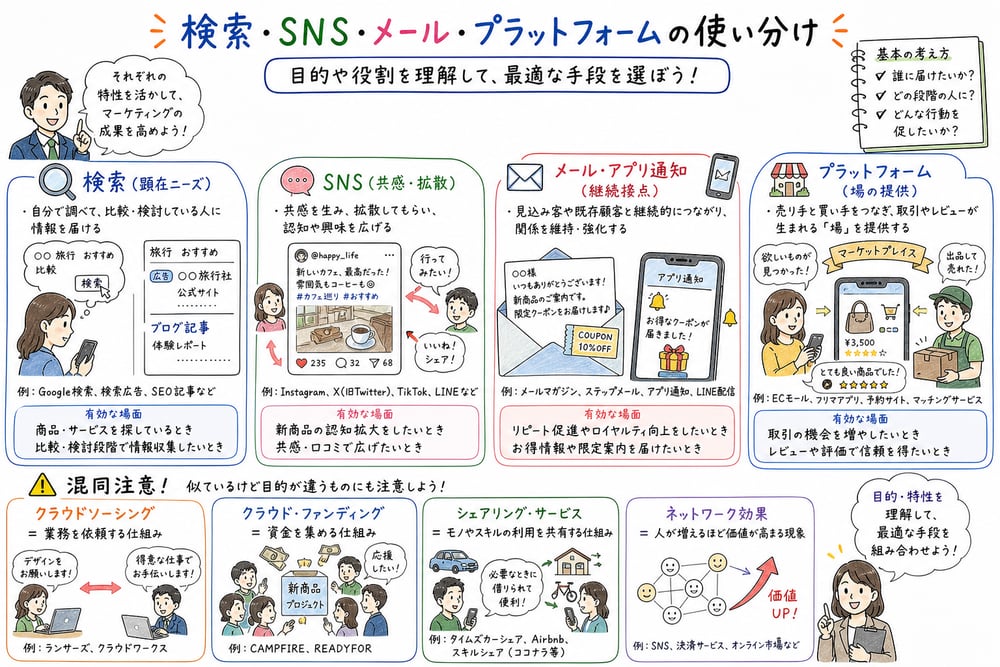 検索、SNS、メール、プラットフォームを目的別に使い分け、混同しやすい用語を整理した図解