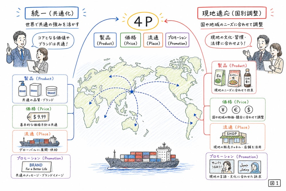 世界市場で4Pを統一する部分と現地適応する部分を分けて設計するグローバル・マーケティングの手書き図
