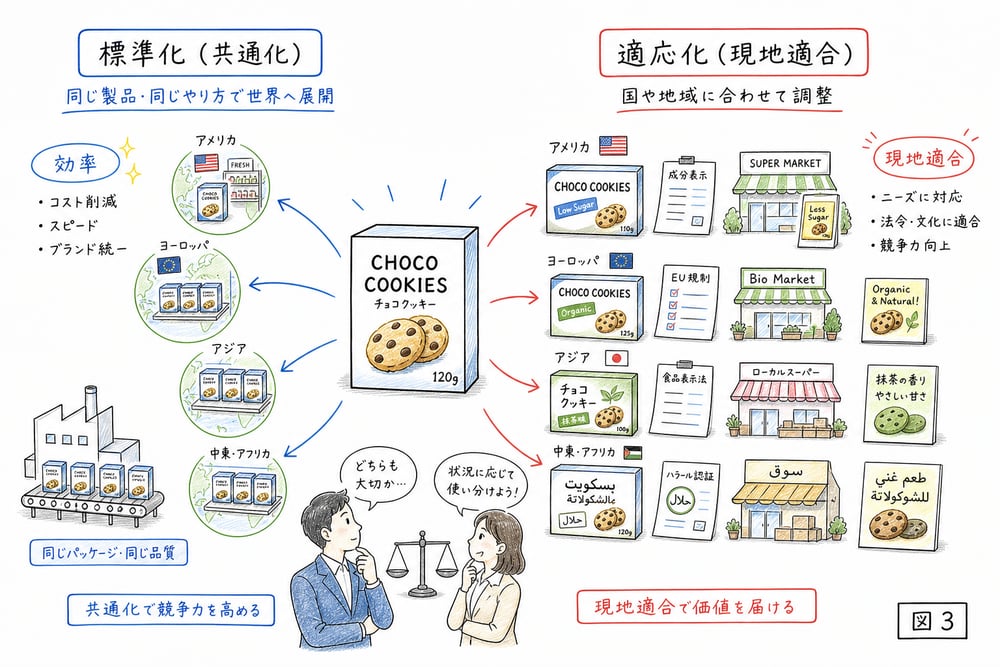 標準化の効率とブランド統一、適応化の文化や制度への現地適合を比較する手書き図