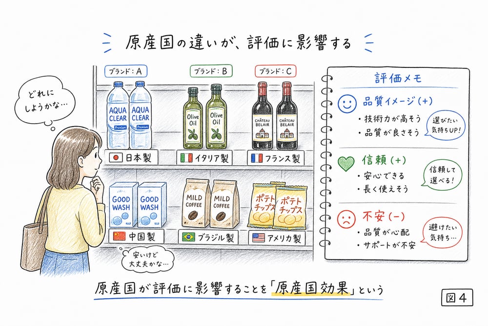 生産国表示やブランド出身国イメージが顧客の製品評価に影響することを示す手書き図