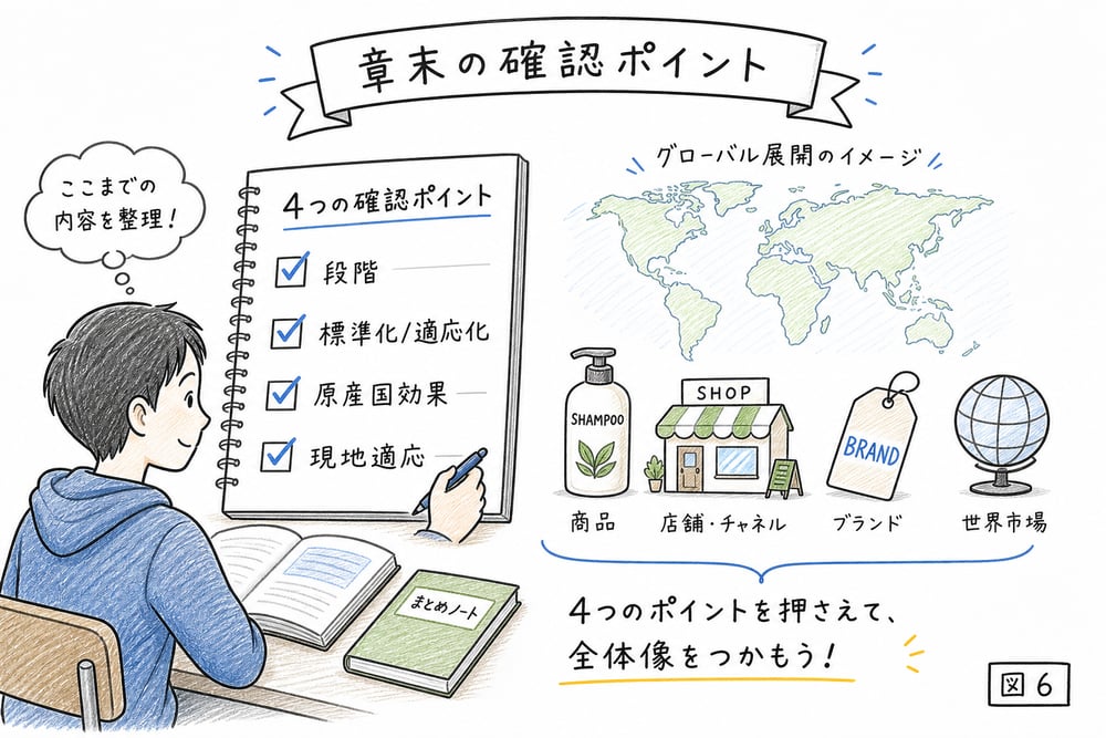 海外展開の段階、標準化と適応化、原産国効果、現地適応を順に確認する手書き図