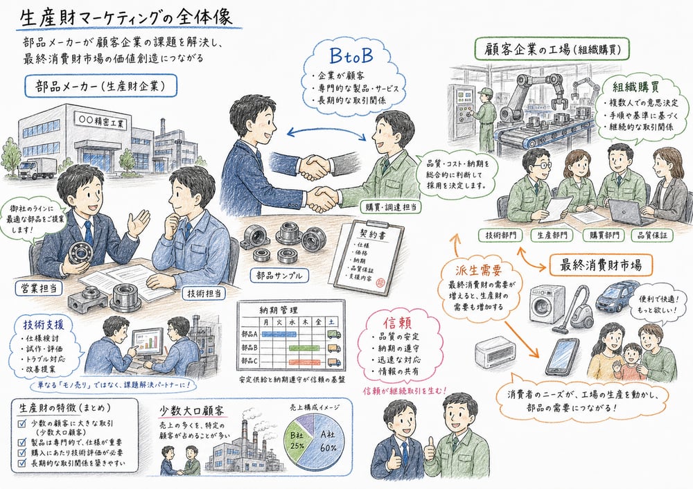 生産財マーケティングの全体像を組織購買、派生需要、少数大口顧客、技術支援で整理する図解