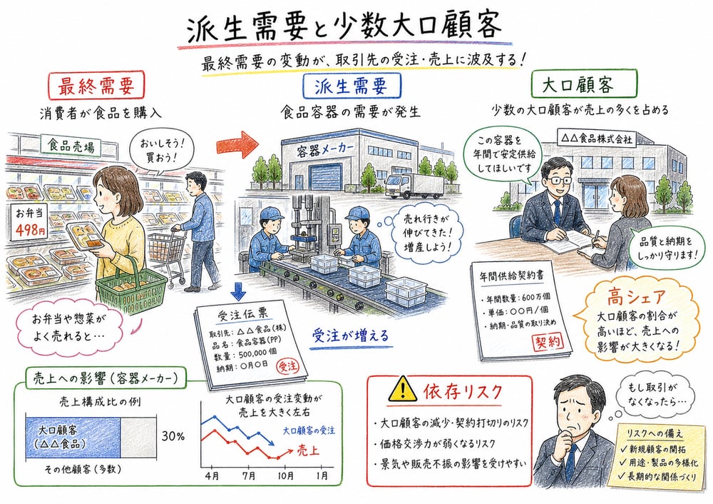 最終消費財需要から生産財需要が派生し大口顧客との取引に影響する図解