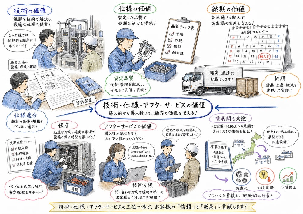 生産財で仕様適合、安定品質、納期、保守、技術支援が価値になることを示す図解