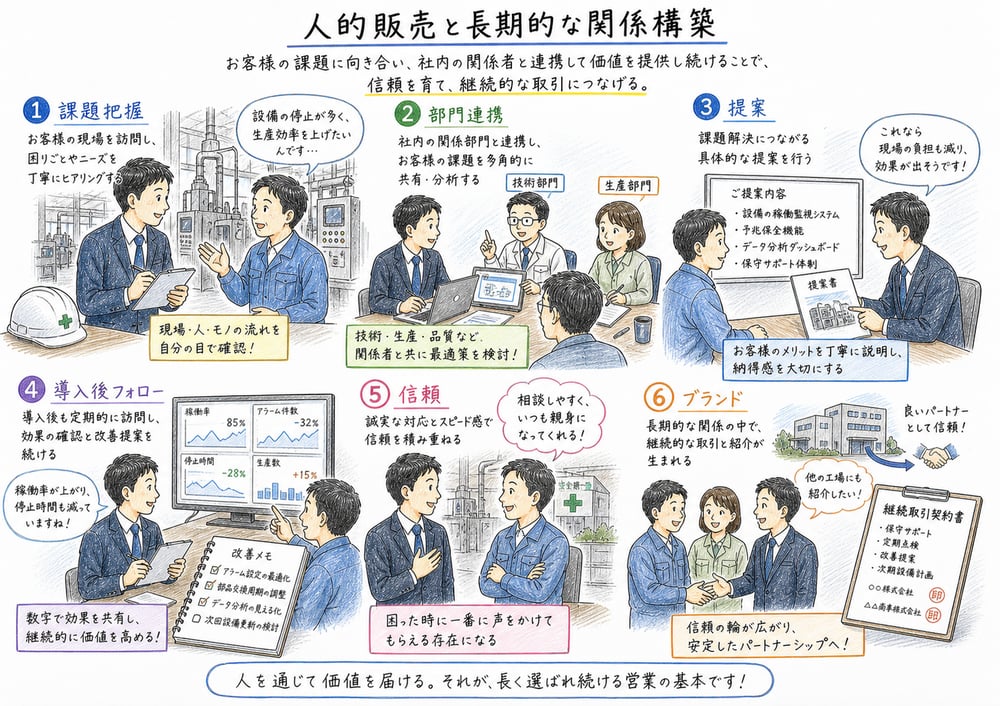 BtoBの人的販売で課題把握、部門連携、提案、導入後フォロー、信頼形成を行う図解
