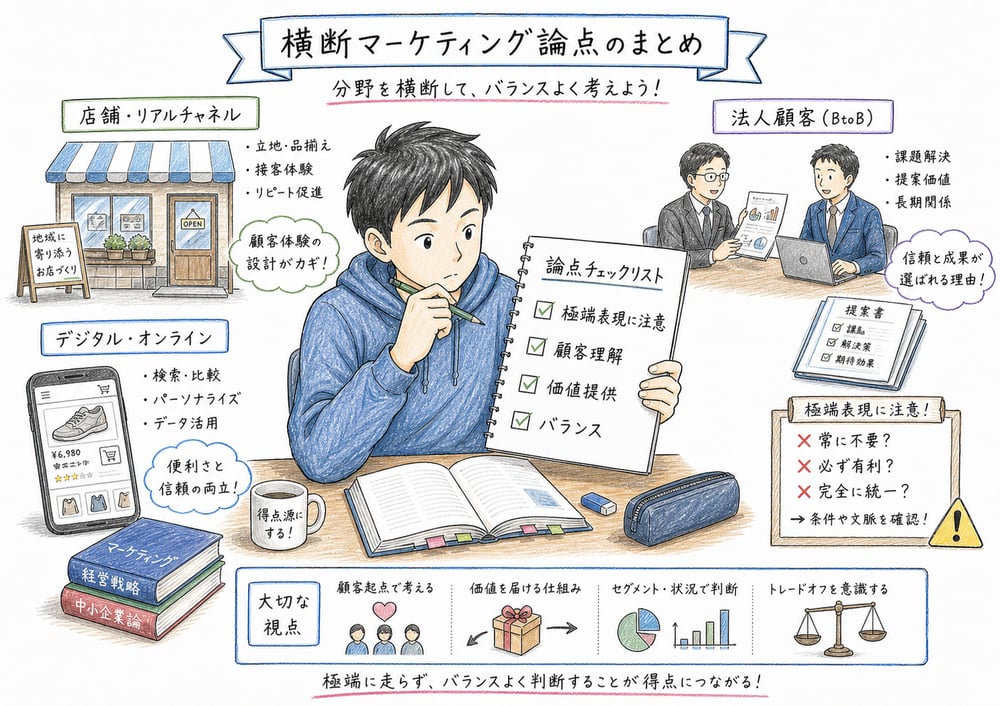 横断マーケティング論点の極端表現とバランス確認