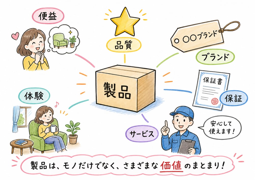 製品を便益、品質、ブランド、保証、サービス、体験を含む価値の束として示す図解