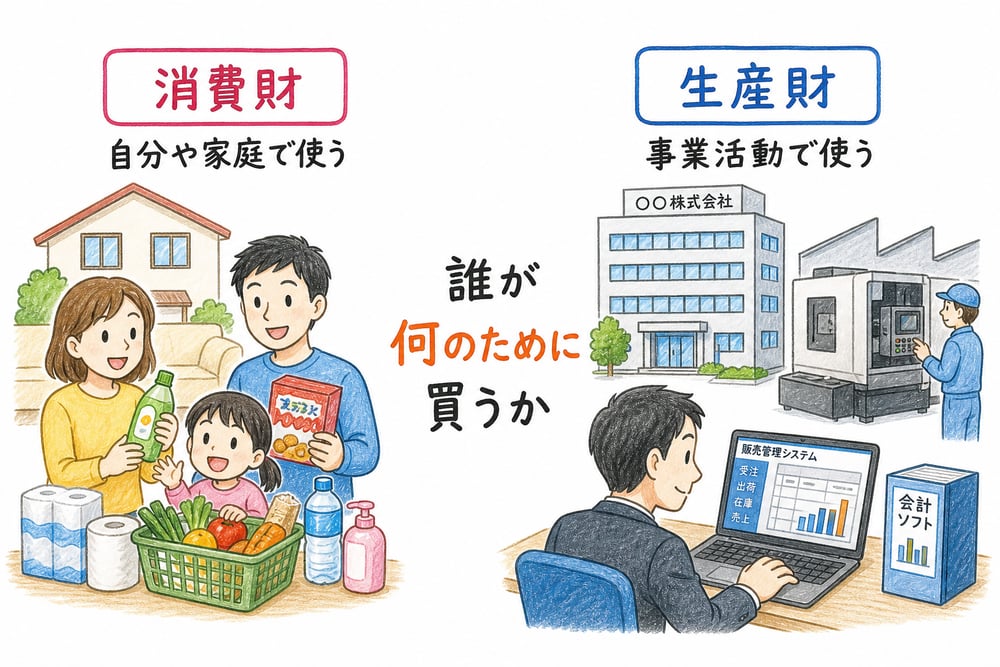 消費財と生産財を誰が何のために買うかで分類することを示す図解