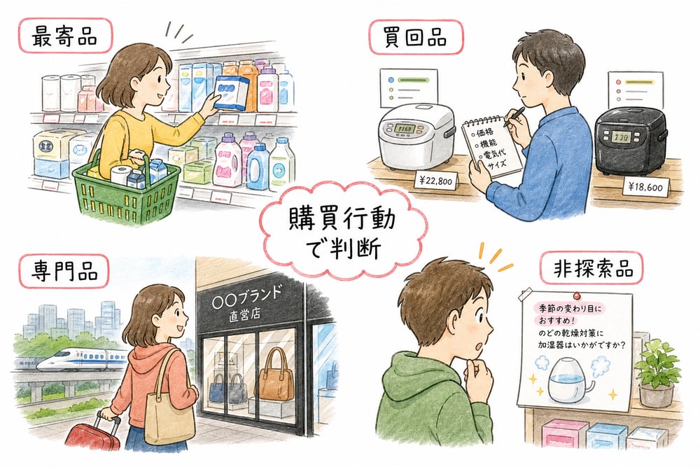 最寄品、買回品、専門品、非探索品を購買行動で区別する図解