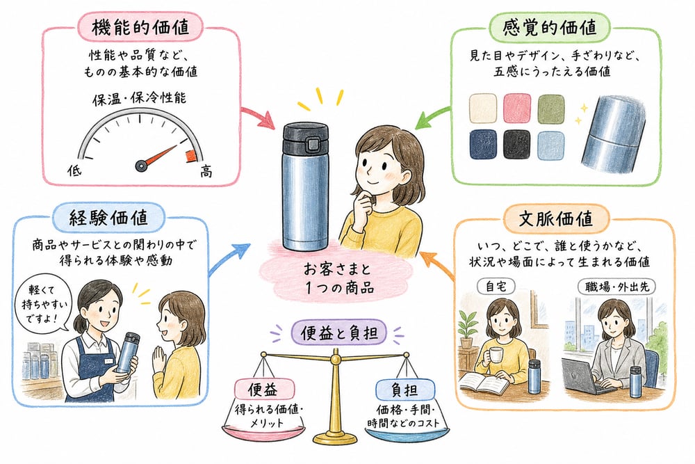 機能的価値、感覚的価値、経験価値、文脈価値を具体物で示す図解