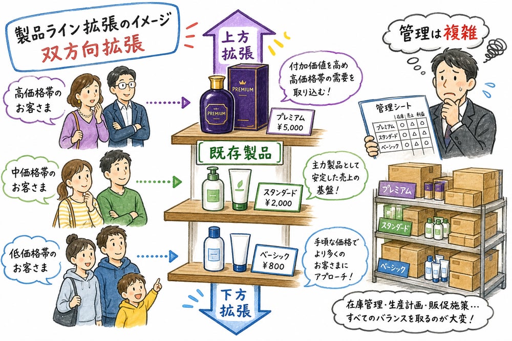 上方拡張、下方拡張、双方向拡張と管理複雑化を示す図解