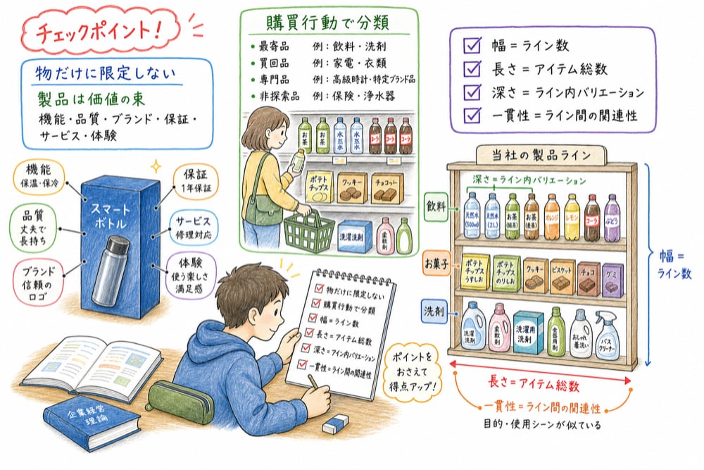 製品概念、消費財分類、プロダクト・ミックスの確認ポイントをまとめた図解