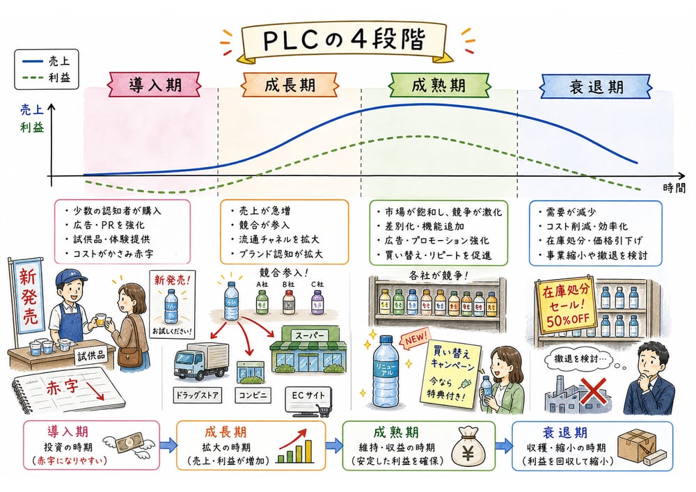 PLCの導入期、成長期、成熟期、衰退期の特徴を比較した図解