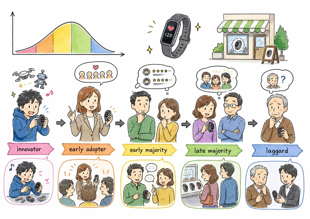 innovatorからlaggardまでの普及モデルを人物で表した図解