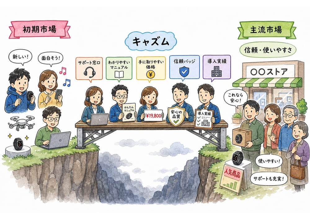 初期市場から主流市場へキャズムを越える条件を示した図解