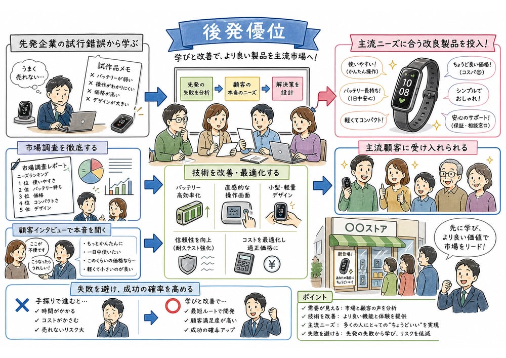 先発企業の試行錯誤から学ぶ後発優位の図解