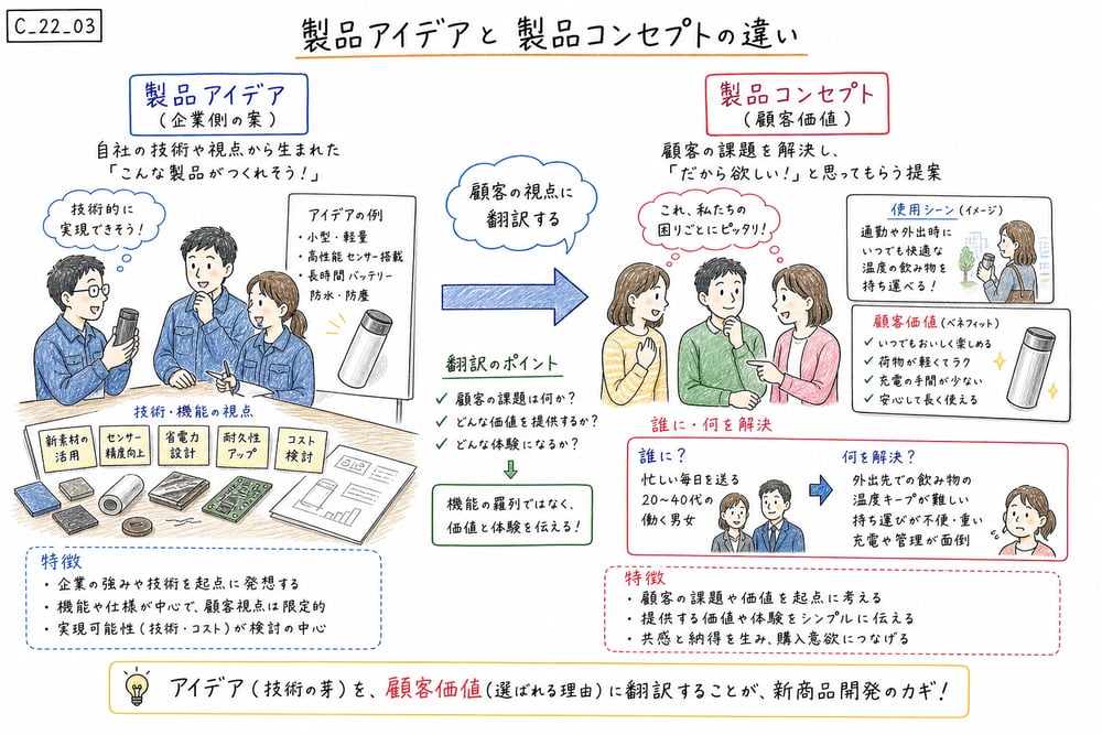 製品アイデアを顧客価値として製品コンセプトへ翻訳する図解