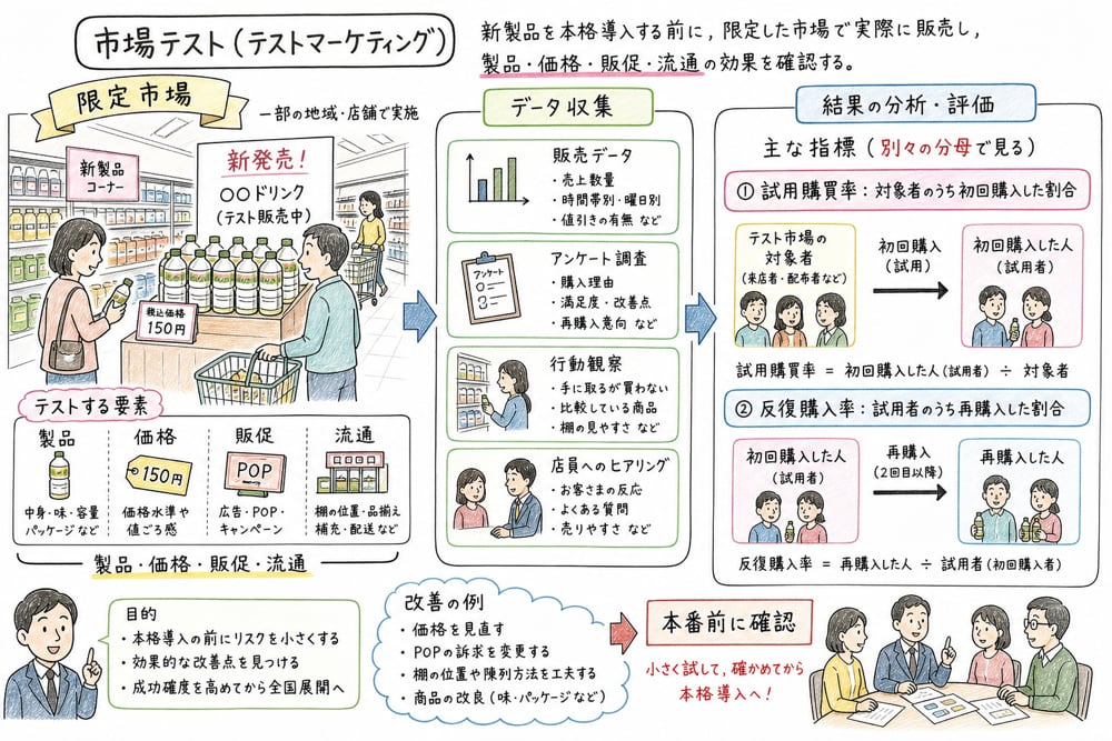 限定市場で製品、価格、販促、流通と購買反応を確認する図解