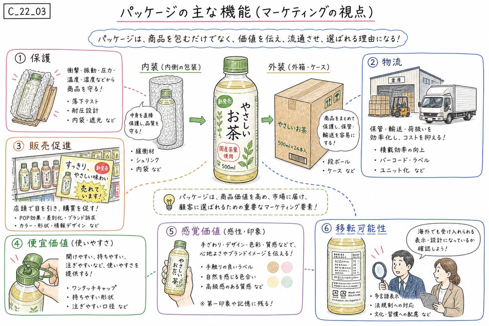 パッケージングの保護、物流、販売促進、便宜価値、感覚価値、移転可能性を整理した図解