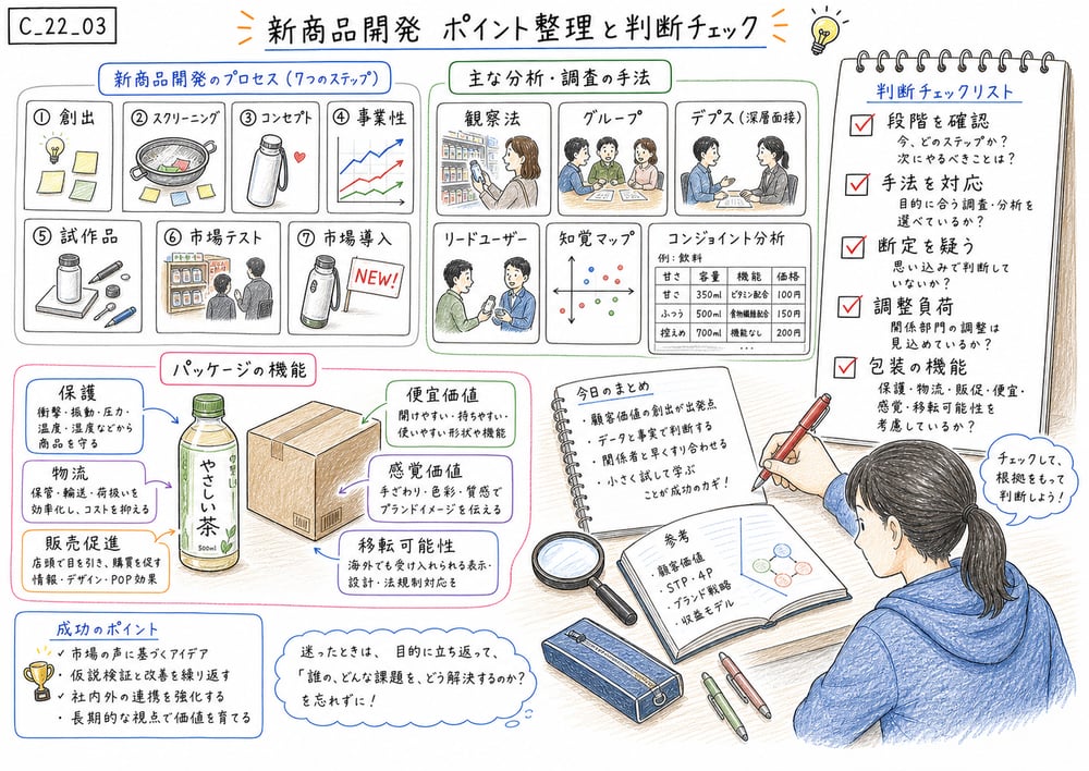 新製品開発の段階、分析手法、断定表現を確認する判断チェックの図解