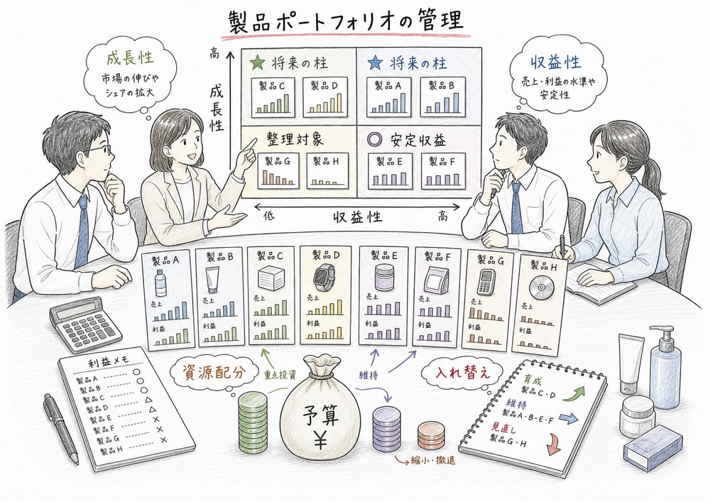 複数製品を成長性、収益性、資源配分、入れ替えで管理する図解