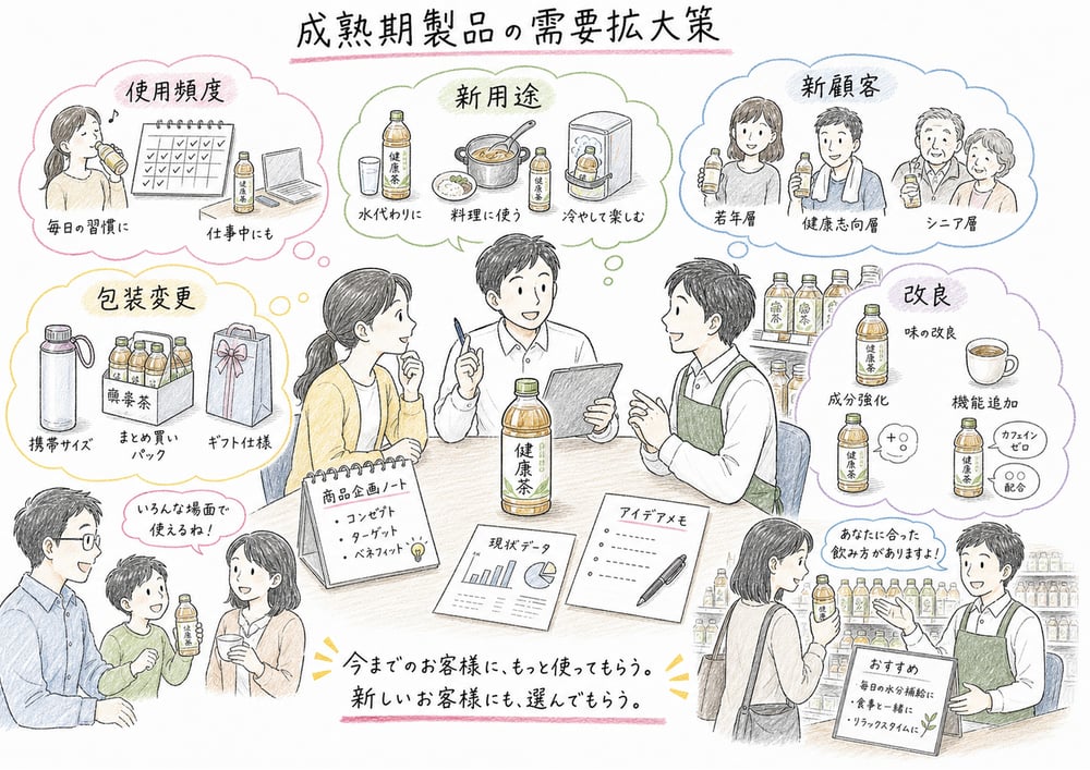 成熟期製品の需要拡大策を使用頻度、新用途、新顧客、改良で整理する図解