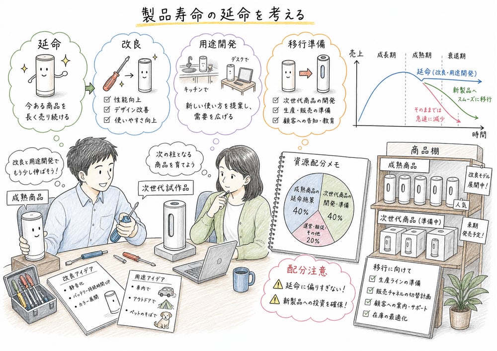 製品寿命の延命と新製品への入れ替えを同時に考える図解