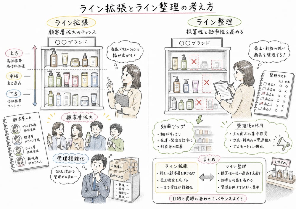 ライン拡張とライン整理を顧客層拡大と管理複雑化の両面で整理する図解