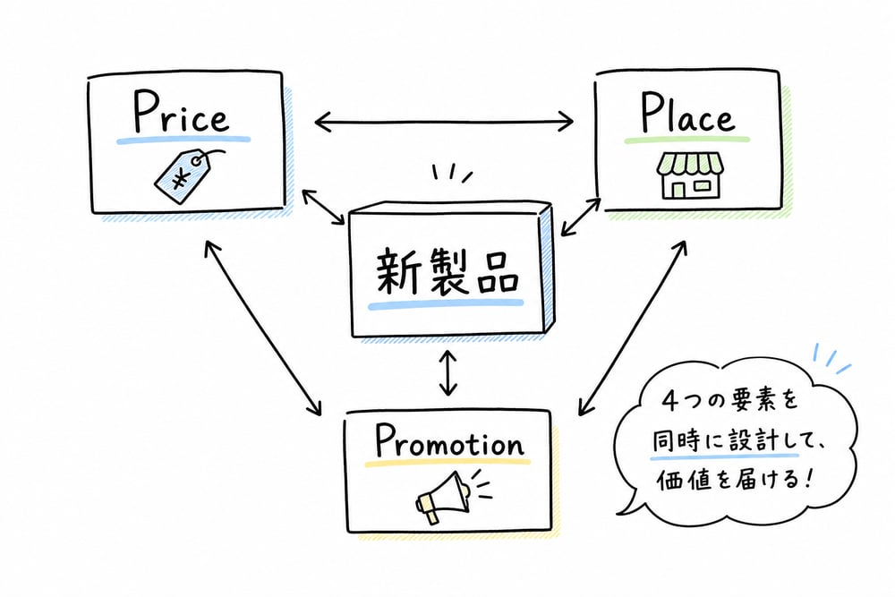 新製品をProductだけでなくPrice、Place、Promotionと同時に設計する関係図