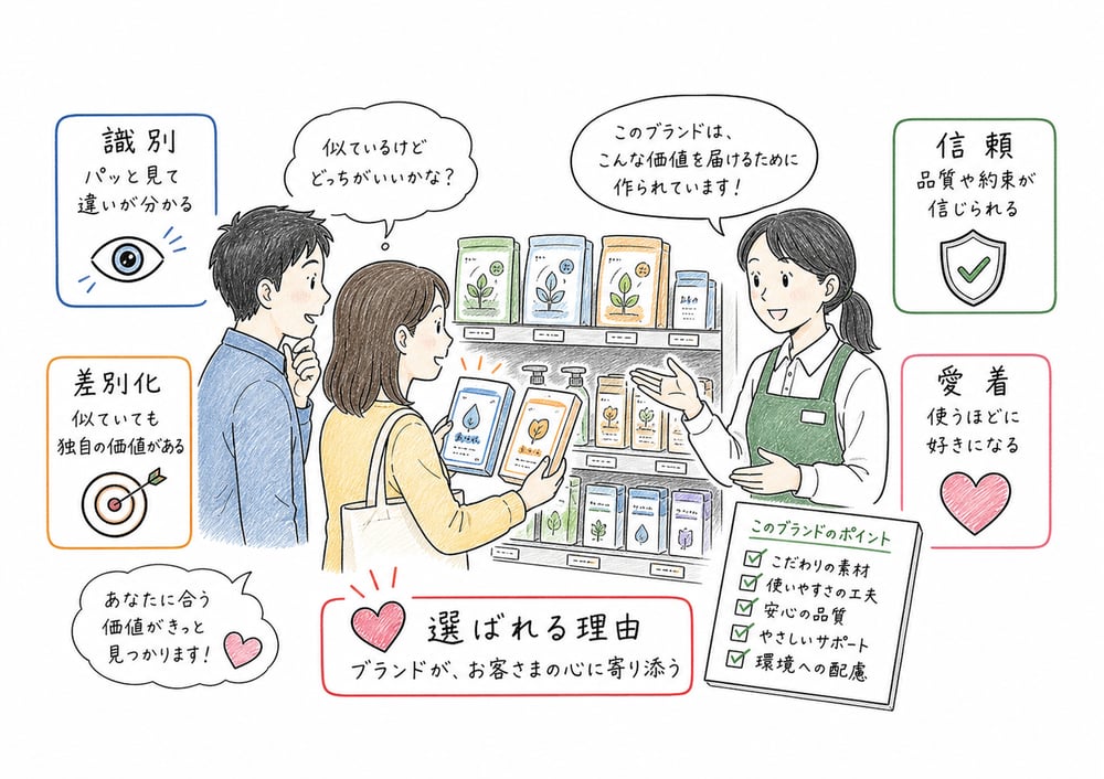 ブランドが識別、差別化、信頼、愛着を通じて選ばれる理由を作ることを示す図解