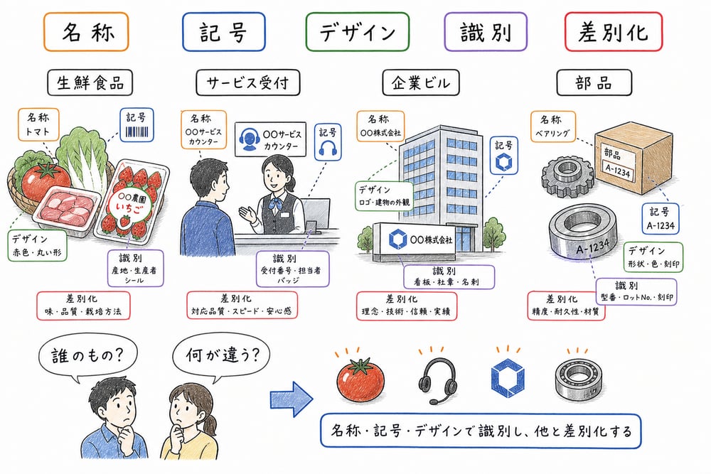 名称、記号、デザインなどにより財やサービスを識別し差別化するブランドの定義を示す図解