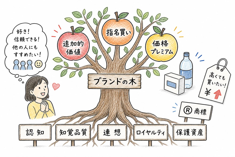認知、知覚品質、連想、ロイヤルティなどがブランド・エクイティを形成する図解
