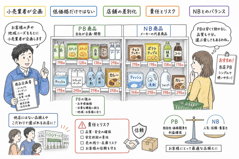 PBが小売業者主導の商品企画と店舗差別化に関わり責任やリスクも伴うことを示す図解