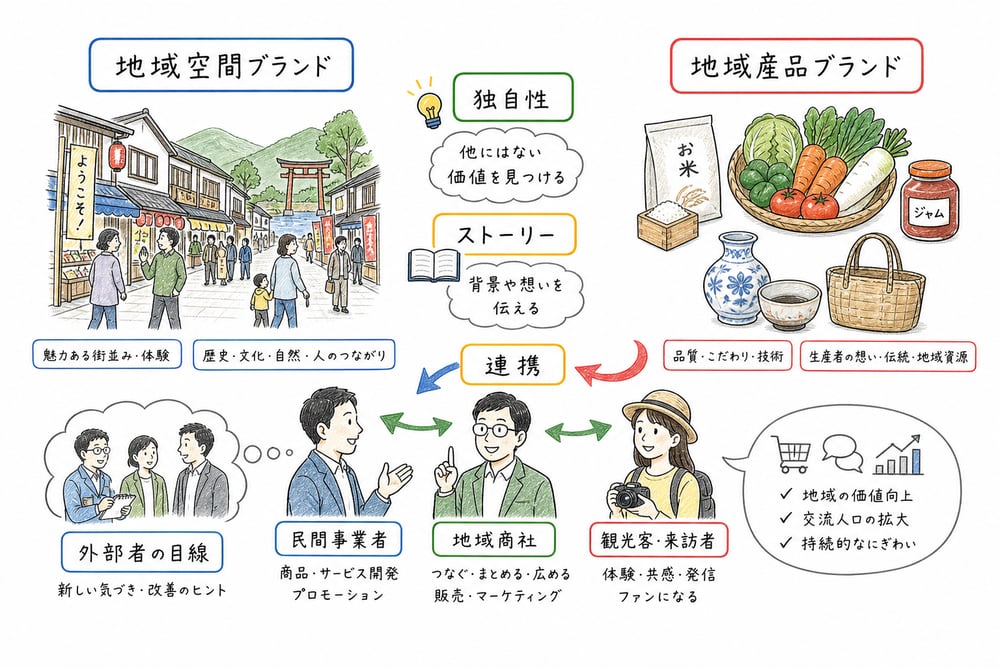 地域空間ブランドと地域産品ブランドを独自性、ストーリー、外部者目線、連携で整理する図解