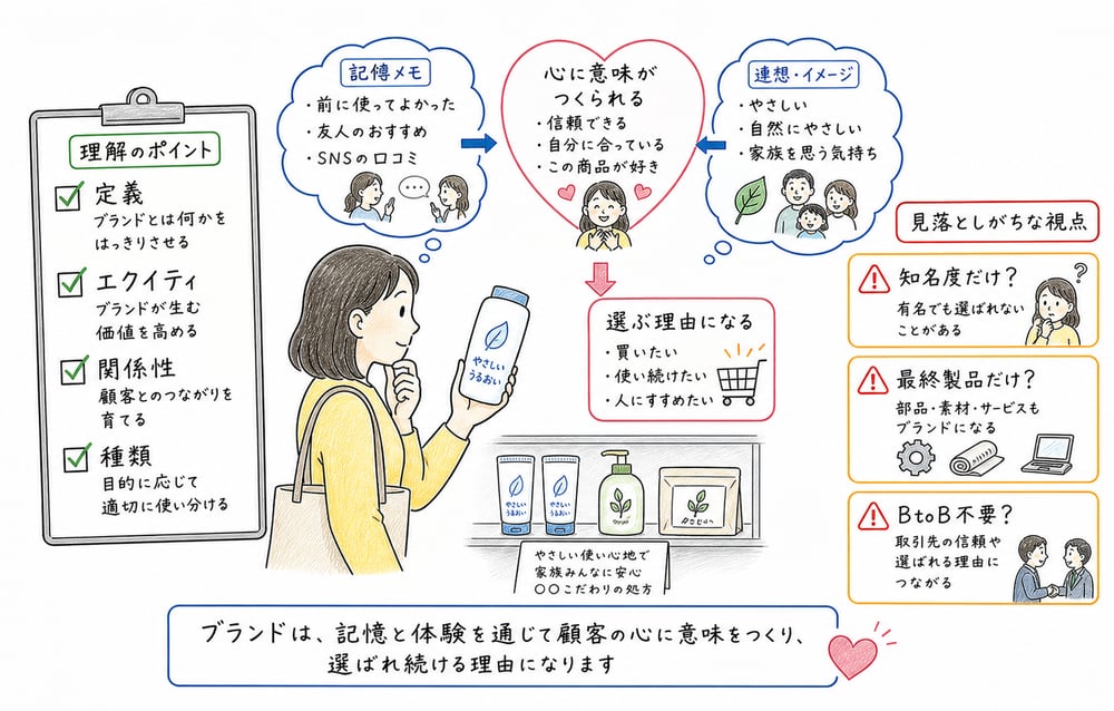 ブランド問題で定義、エクイティ、関係性、種類を切り分け限定表現を疑う判断軸の図解