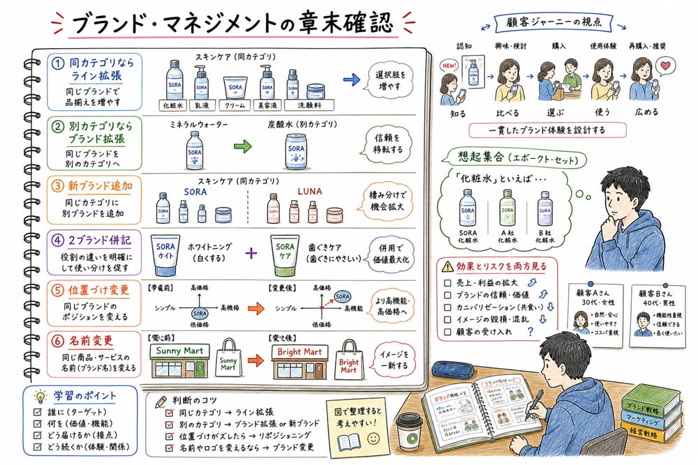 ブランド構築の基本手順を、目標設定、価値設計、接点整備、評価改善の流れで示した教材イラスト