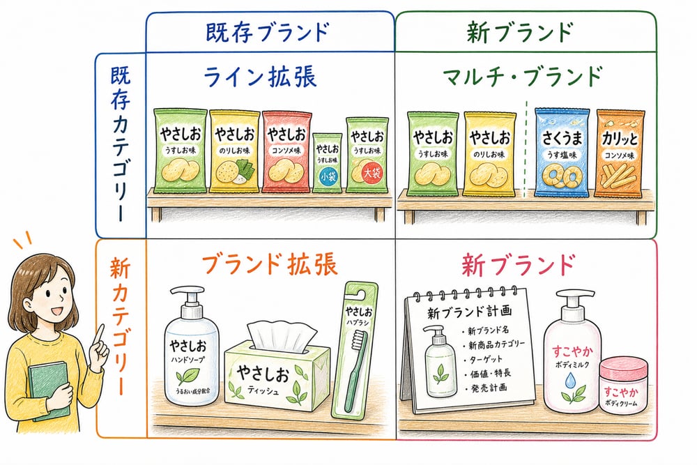 既存カテゴリー、新カテゴリー、既存ブランド、新ブランドの組み合わせでブランド開発戦略の4類型を整理した教材イラスト