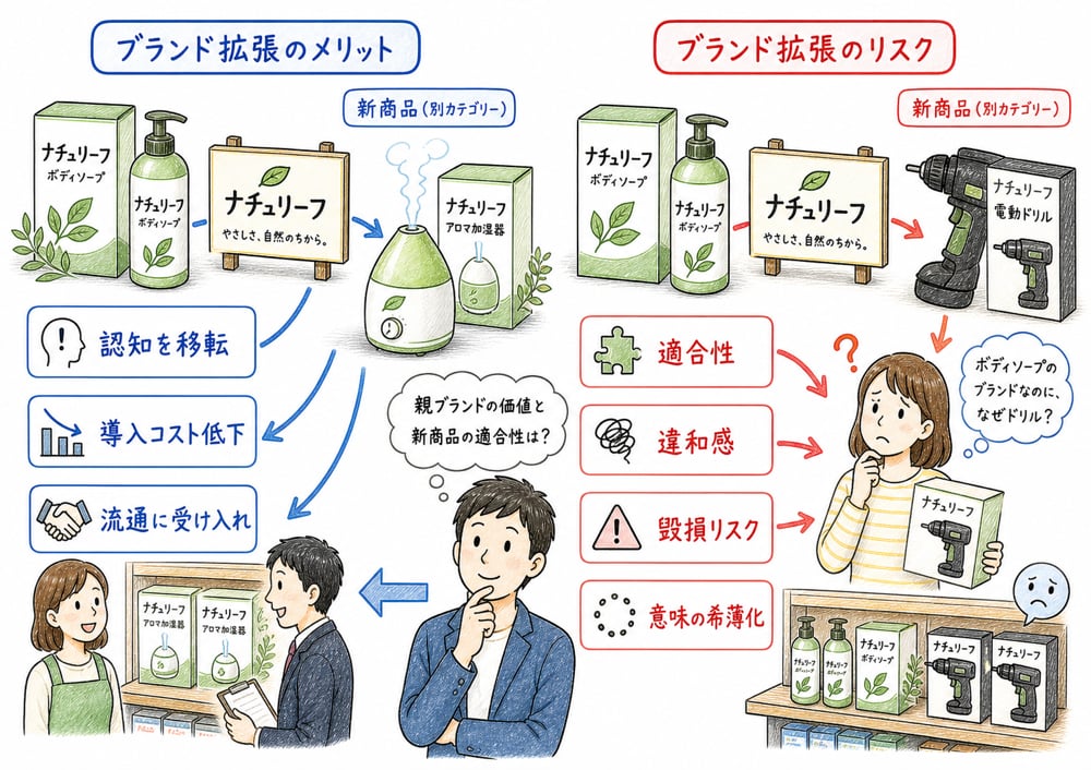 ブランド拡張の利点とリスクを、信頼の活用、認知獲得、イメージ希薄化、失敗波及で比較した教材イラスト