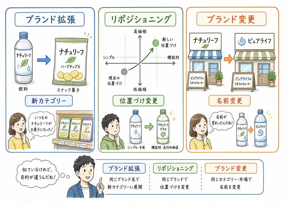 市場や顧客の変化に合わせてブランドの位置づけを見直すリポジショニングとブランド変更を示した教材イラスト