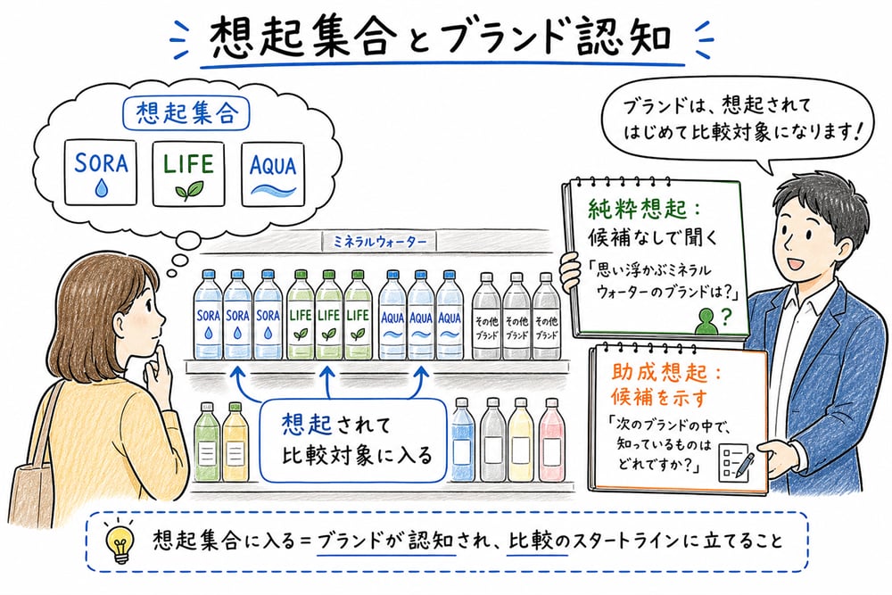 購買時に思い出される候補ブランドの集合と、ブランド認知を高める接点を示した教材イラスト