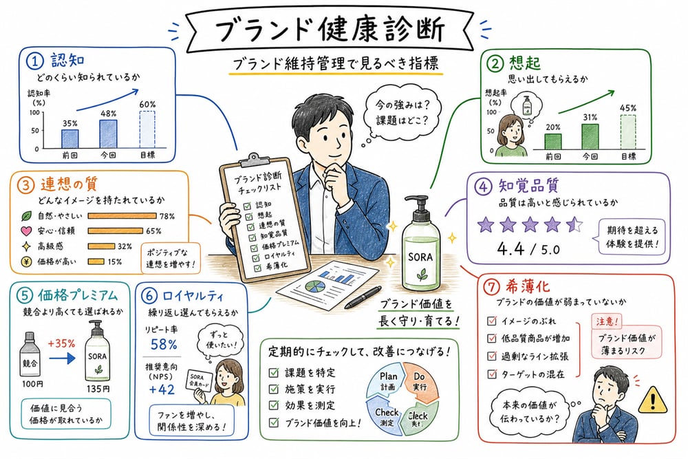 ブランド維持管理で確認する認知、連想、品質評価、ロイヤルティ、価格許容度の指標を示した教材イラスト