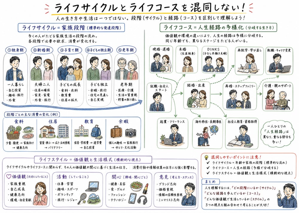 ライフサイクル・ライフコース・ライフスタイルの図解