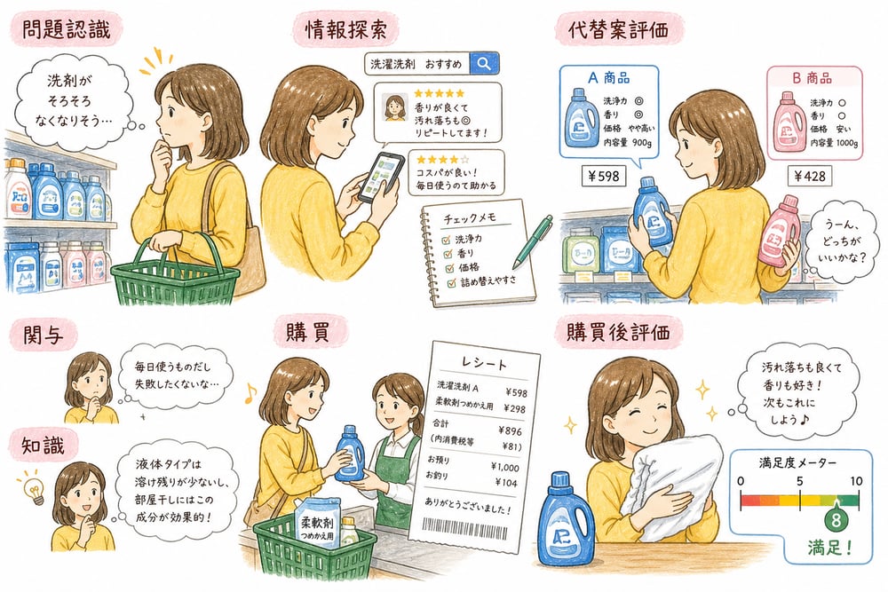 消費者の意思決定を問題認識、情報探索、代替案評価、購買、購買後評価の流れで整理する図解