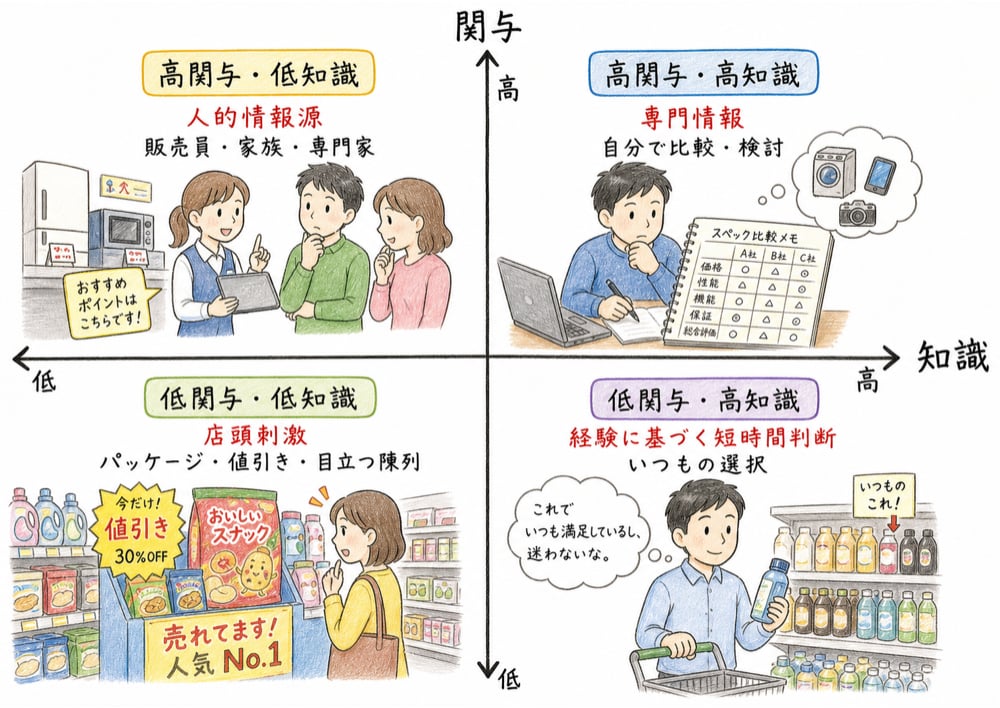 関与と知識の2軸で重視される情報源が変わり、高関与低知識では人的情報源に頼りやすいことを示す図解