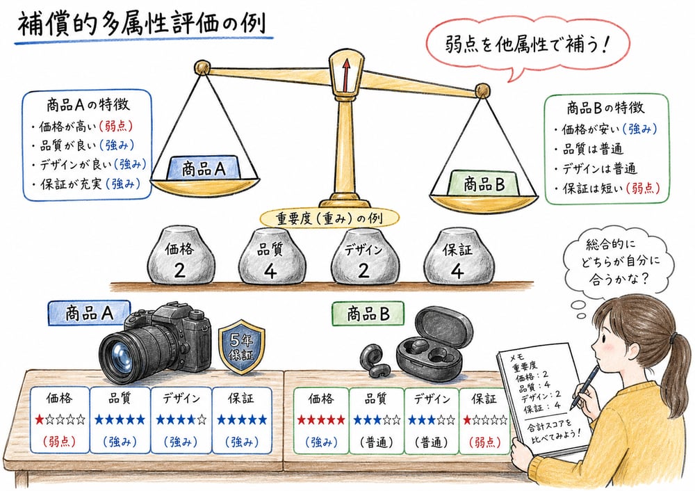 補償型評価で弱い属性を他属性の強みで補い総合評価することを示す図解