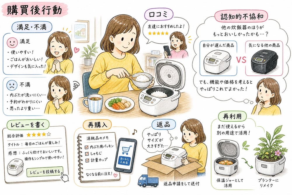 購買後行動としての満足、不満、口コミ、再購入、返品、再利用、認知的不協和を整理する図解