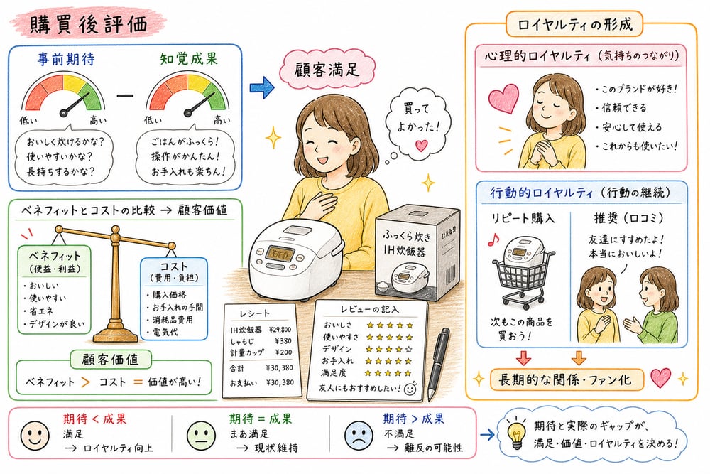 期待不一致、顧客満足、顧客価値、心理的ロイヤルティ、行動的ロイヤルティを整理する図解