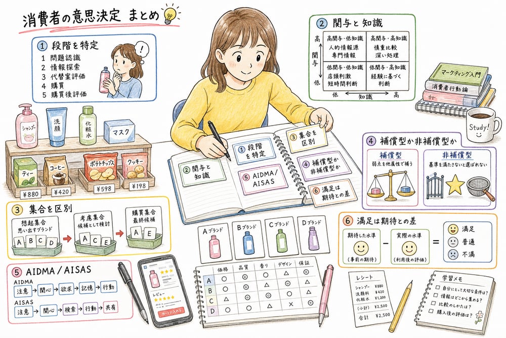 消費者の意思決定で確認する段階、関与と知識、ブランド集合、評価方法、満足の判断軸をまとめた図解