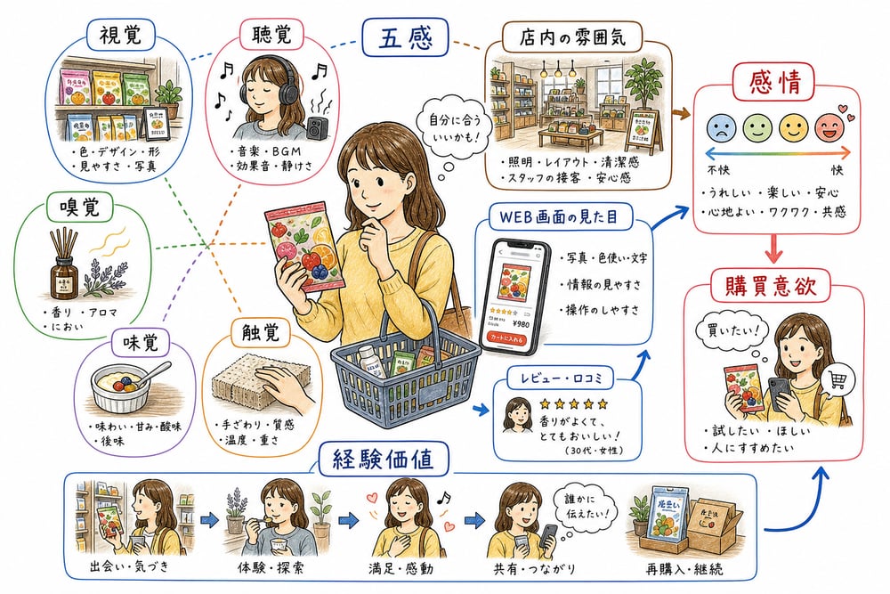 消費者の五感と感情が商品評価や購買意欲に影響する図解